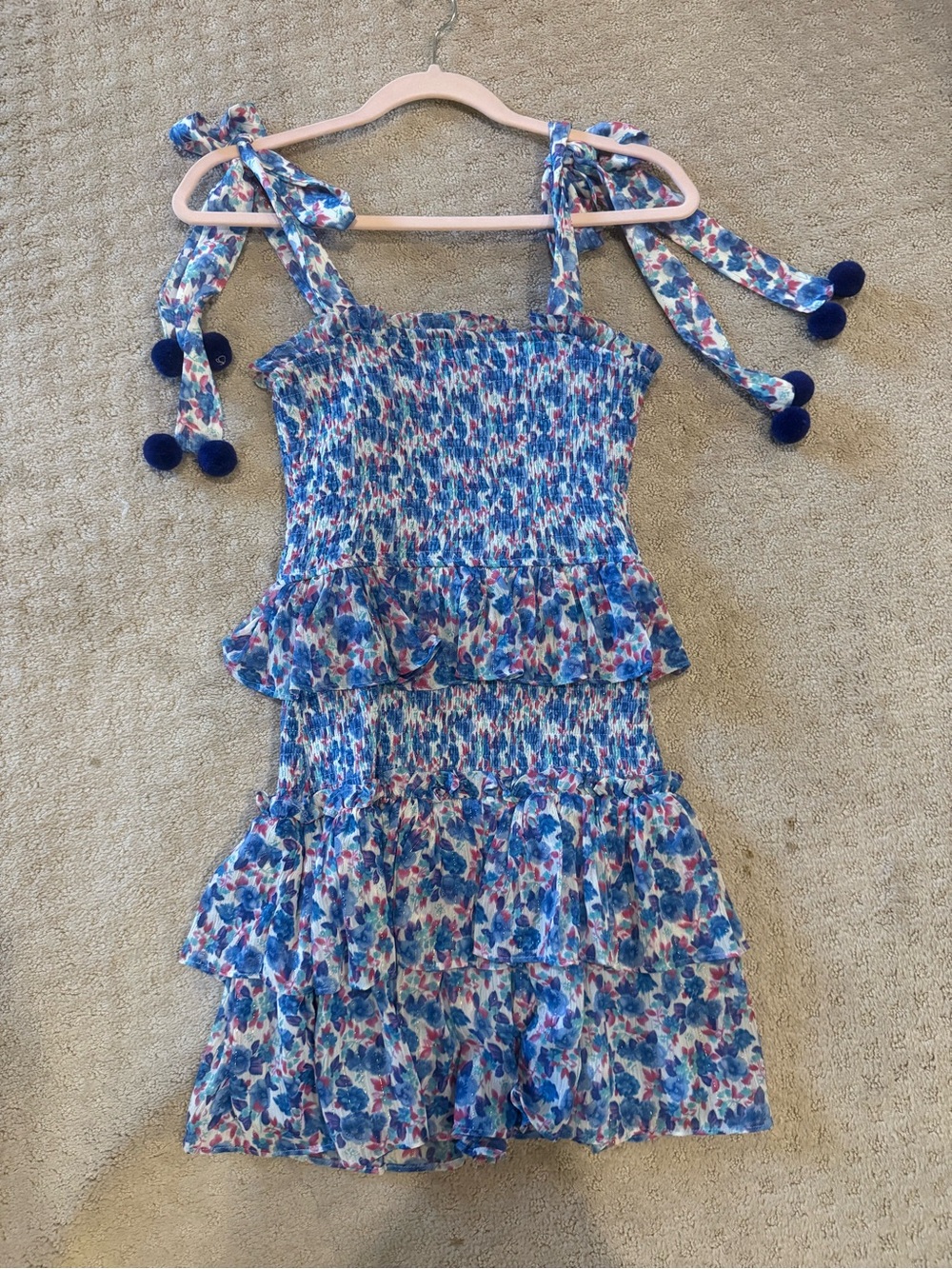 Women’s TCEC Smocked Blue and Pink Dress w/ Adjustable Tie Sleeves
